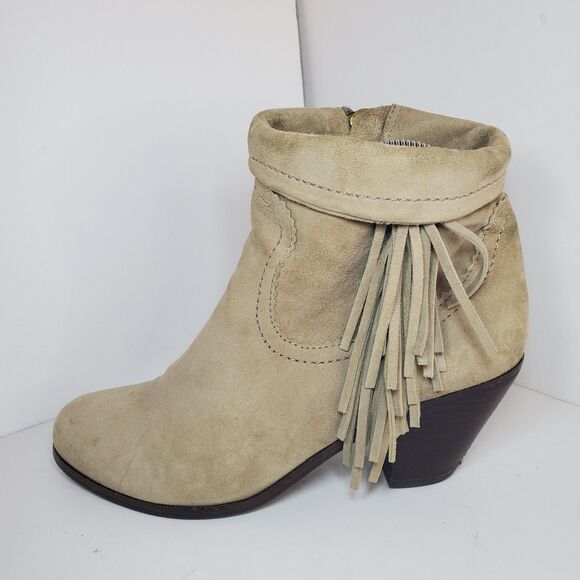 Sam Edelman Louie Western Ankle Boot Beige Fringe Stacked Heel Size 8 - Picture 2 of 16